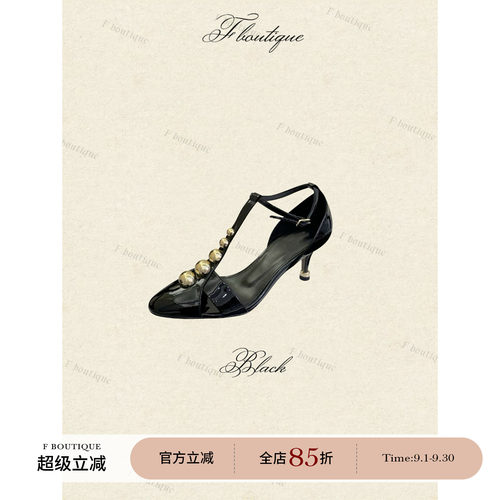 F boutique「黑金缪斯」克洛伊法式复古t带漆皮金珠细高跟凉鞋