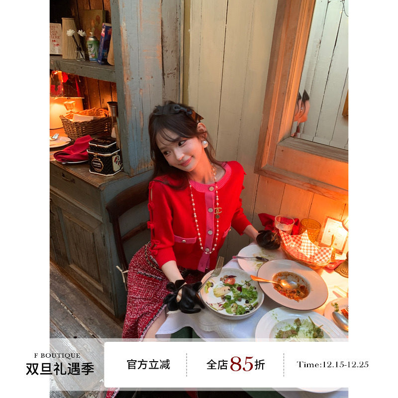 12/8 25k蝴蝶结定染圣诞红撞色羊绒圆领针织开衫