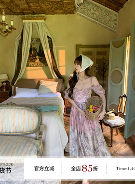 F boutique「house*cb蔷薇花园」莱赛尔天丝印花重工鱼骨连衣裙