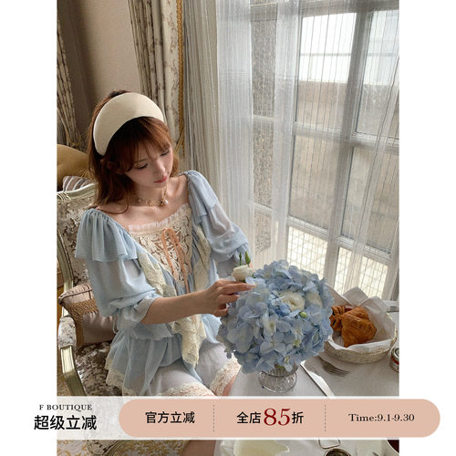 F boutique「Ch1oe3w+」vic秀款重工定染法蕾泡泡袖上衣+短裤