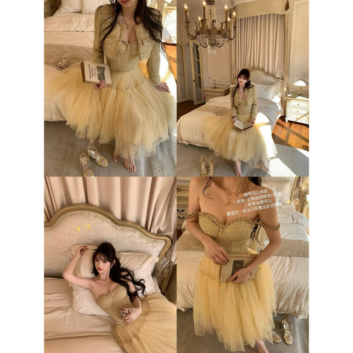 F boutique【6折宠粉】独家自线 金色手缝花边抹胸套装