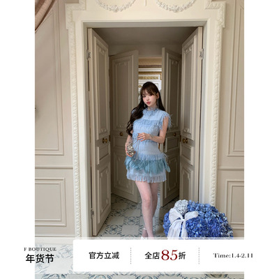 F boutique 中古香香小姐 高奢南非鸵鸟毛定染流苏小香礼服裙