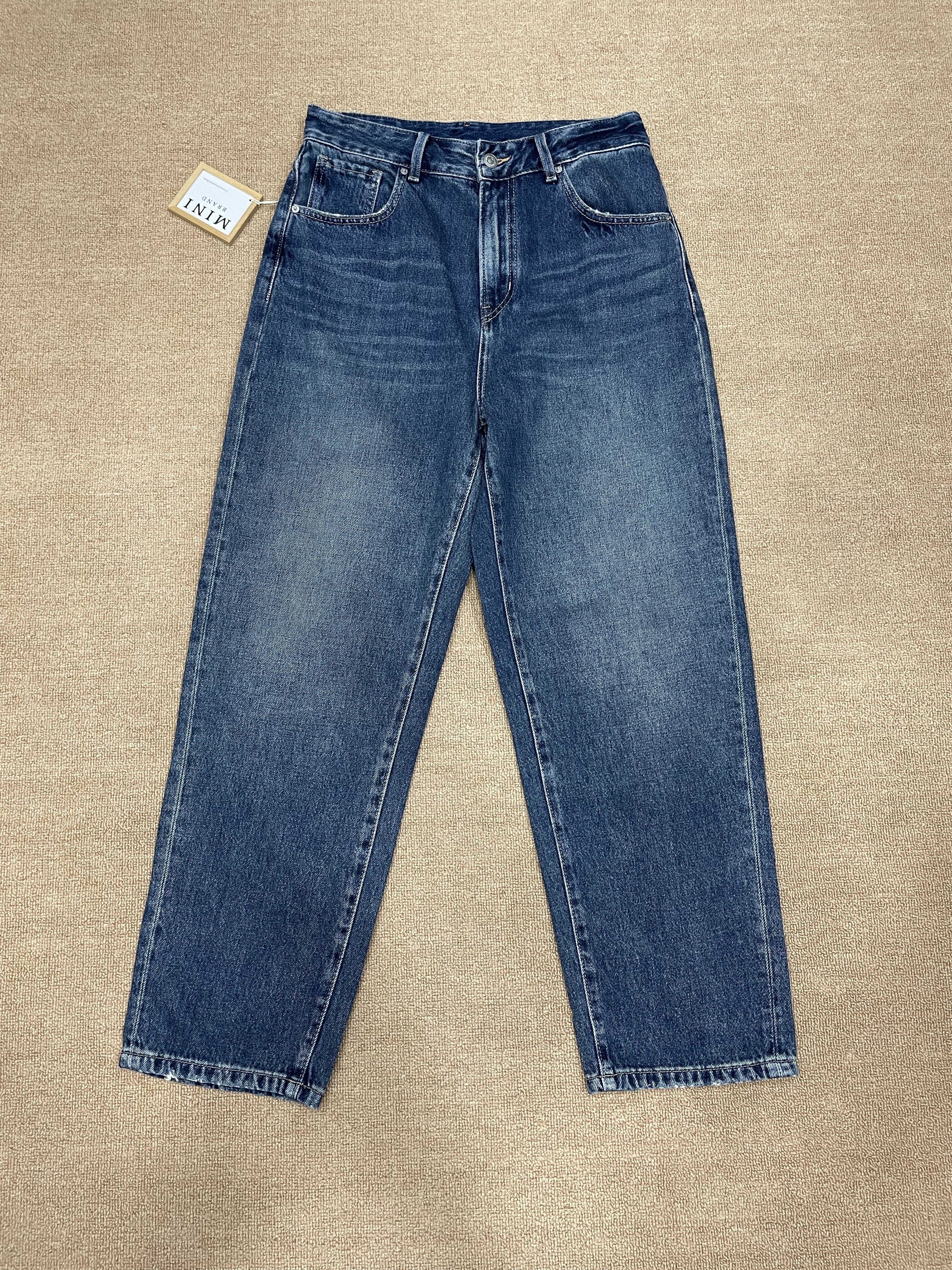 韩国MiniBrand 秋季新款蓝色高腰无弹力宽松直筒简约显瘦百搭遮肉