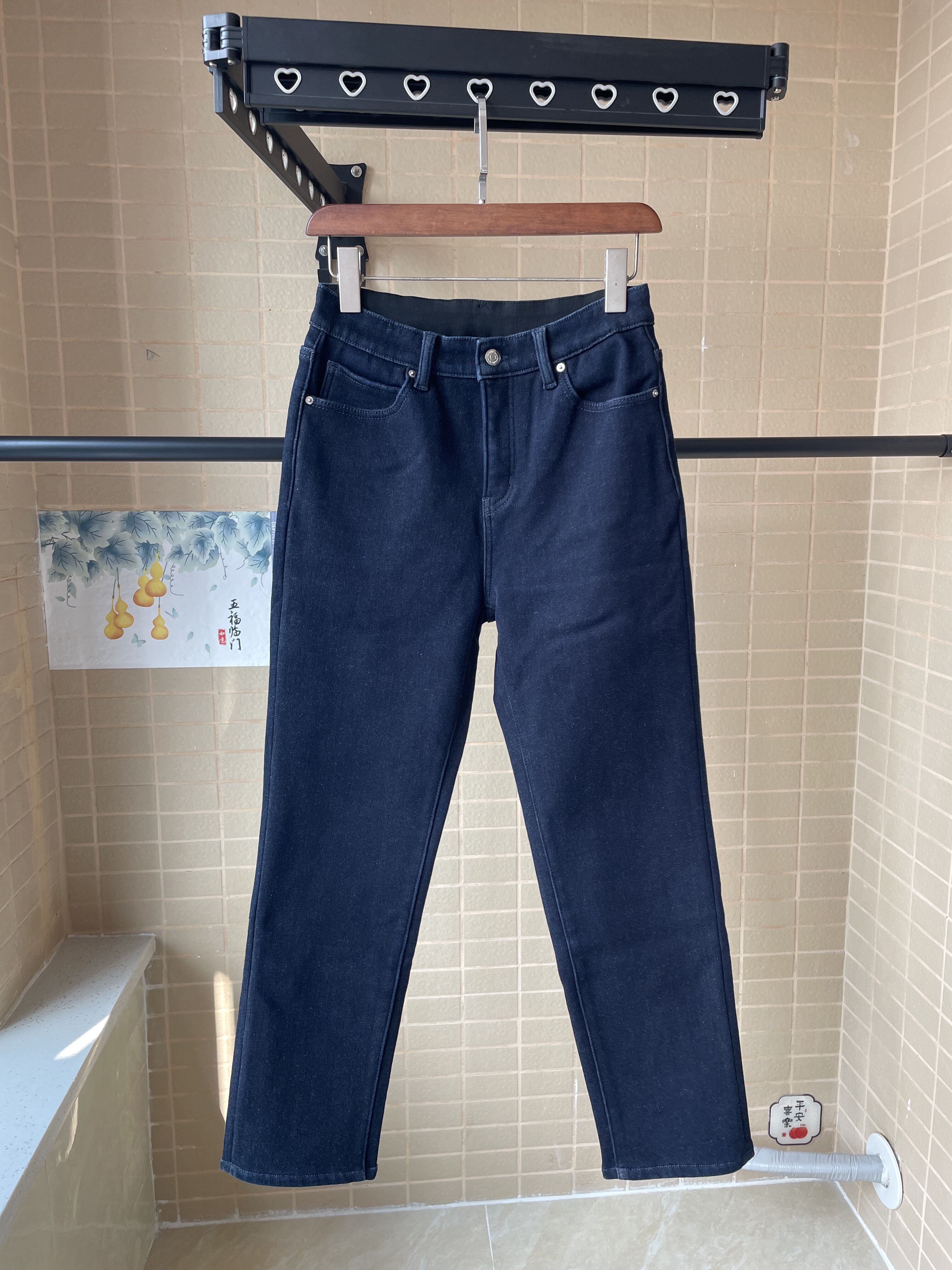 韩国MiniBrand秋冬加绒加厚保暖深蓝色显瘦百搭简约九十分直筒裤