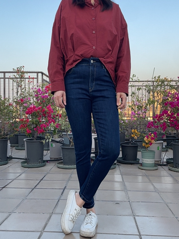 韩国 minibrand 深蓝色牛仔裤女小脚紧身配靴铅笔牛仔裤