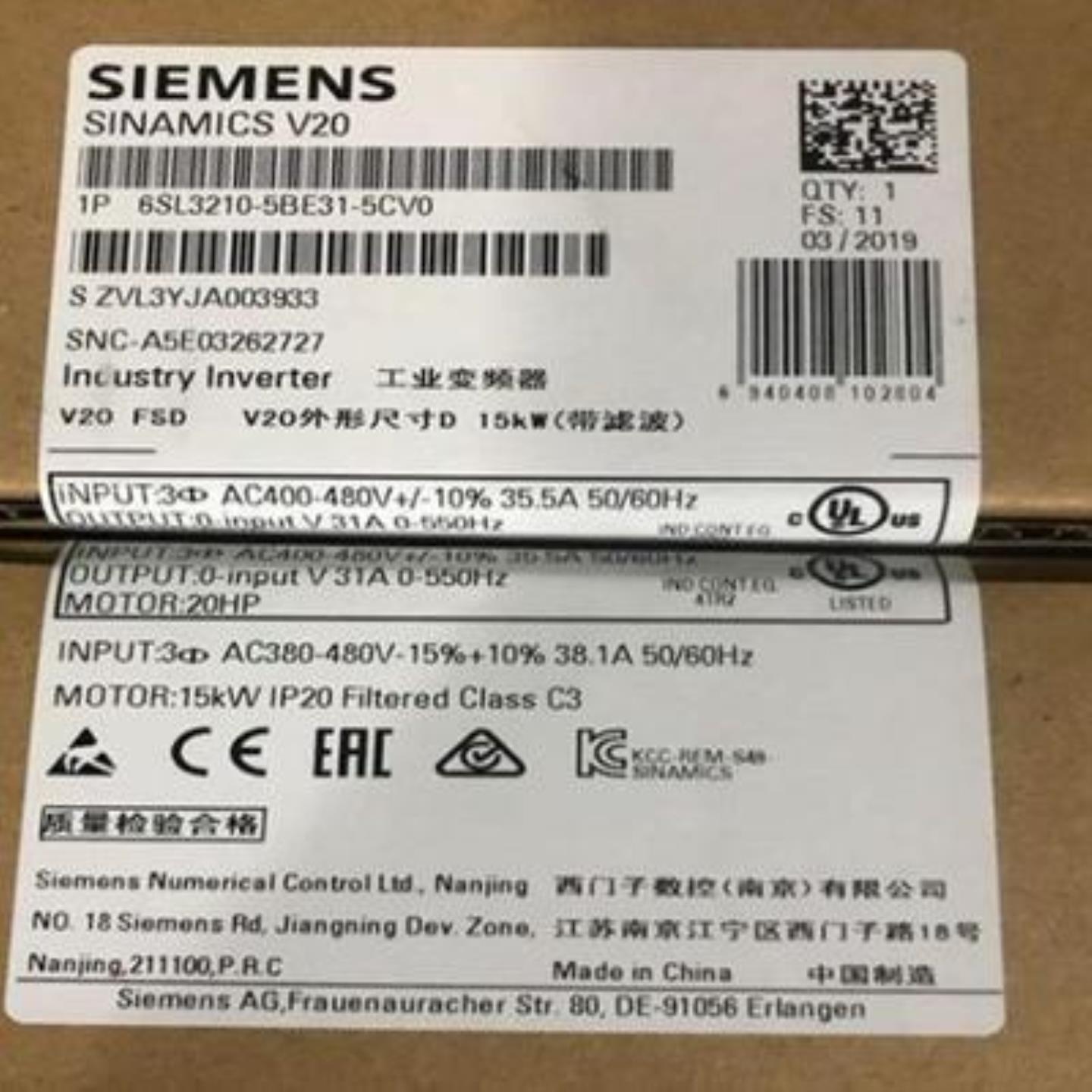 6SL3210-5BE31-5CV0西门子V20变频器全新原装6SL32105BE31询价