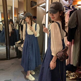 2292套装 牛仔背带连衣裙两件套女高腰a字长裙 P155控218 现货