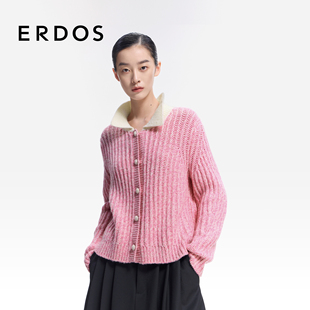 绒毛混纺罗纹肌理针织衫 26年早春新品 外套 小翻领双畦女开衫 ERDOS