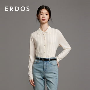 ERDOS 女春休闲针织毛衣仿巴洛克珍珠扣 精纺翻领羊绒开衫