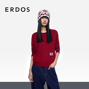 女士红色圆领针织衫 25秋冬新品 新岁礼物系列 假两件羊绒套衫 ERDOS