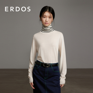 精纺宽松打底套衫 女春季 黑白撞色条纹高领针织衫 ERDOS