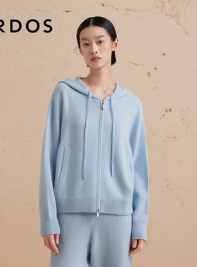 【连帽虚提羊绒开衫】ERDOS 蓝色厚款卫衣版针织外套冬女