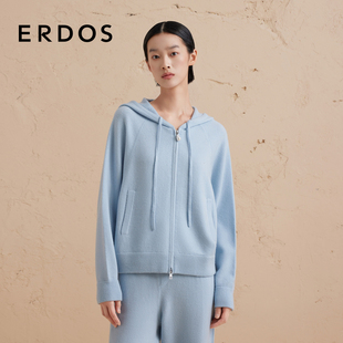 卫衣版 蓝色厚款 ERDOS 针织外套冬女 连帽虚提羊绒开衫