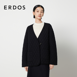 V领针织绗缝棉服女秋冬黑色宽松厚款 ERDOS 外套 精纺