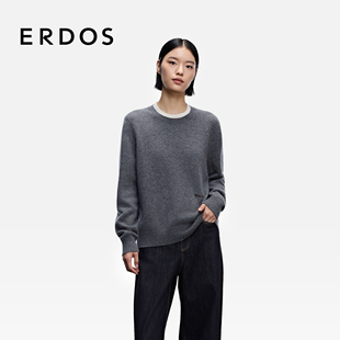 圆领假两件刺绣休闲套衫 ERDOS 25年秋冬新品 毛绒混纺针织衫 女装