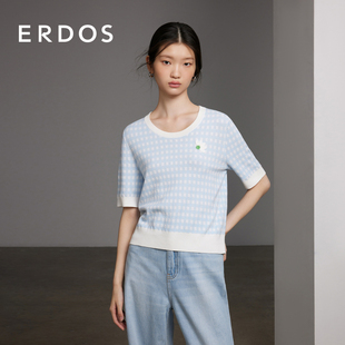 蓝色格纹套衫 夏女复古法式 圆领双提刺绣针织短袖 ERDOS