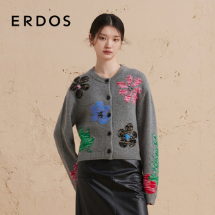 ERDOS圆领提花针织外套冬女灰色厚款 小花花纯羊绒开衫
