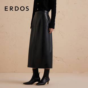 ERDOS 皮裙秋冬女黑色直筒半身裙摩登都市 优雅高腰中长款