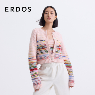 粉色圆领绒毛混纺宽松针织开衫 ERDOS 女25春新品 彩虹条纹外套