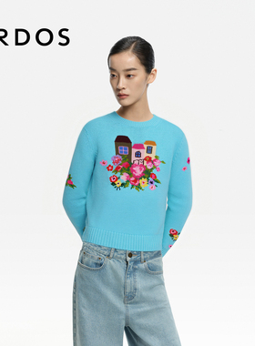ERDOS 多巴胺提花羊绒套衫2026年早春新品女士圆领装饰针织衫上衣