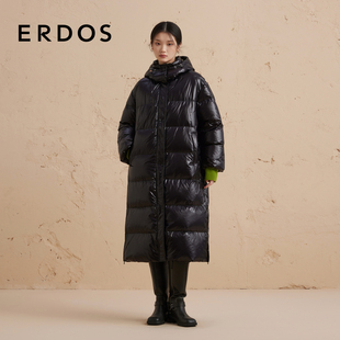 外套 厚款 ERDOS 黑色亮面白鹅绒羽绒服女冬连帽保暖中长款