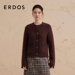 柔软针织开衫 圆领复古花纱厚款 ERDOS 女冬 羊绒外套