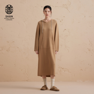 ERDOS 宽松长裙 连帽纯羊绒连衣裙冬女美拉德驼色针织卫衣版