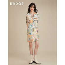 【桑蚕丝】ERDOS 秋冬款领口系带印花长袖真丝衬衫式连衣裙女图片