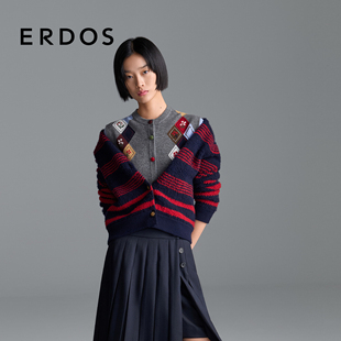 饰夹条宽松休闲开衫 ERDOS 撞色条纹装 25年秋冬新品 圆领女士羊绒衫