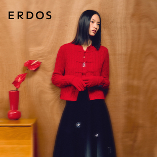 领刺绣绞花开衫 纯羊绒中式 ERDOS 女冬新红 礼物系列