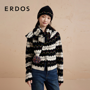 虚提黑白条纹针织围脖女冬 ERDOS 彩色波点纯羊绒围巾