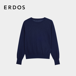 女薄款 圆领藏蓝色针织套衫 ERDOS 宽松上衣 纯羊绒