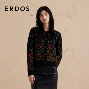 圆领双提宽松针织毛衣女冬 ERDOS 复古繁花羊绒开衫