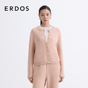 粉色圆领手工明线针织开衫 ERDOS 女 羊绒双提外套
