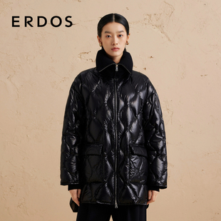 黑色短款 ERDOS 羽绒服女秋冬拉链翻领亮面外套 90％鹅绒