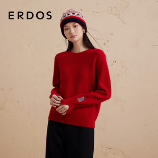 女冬红色厚款 圆领刺绣羊绒衫 ERDOS 针织毛衣 礼物系列