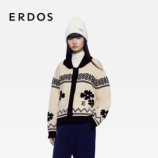 ERDOS 羊绒牦牛绒混纺女保暖上衣 费尔岛提花翻领外套25年秋冬新品