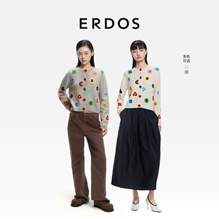 饰针织开衫 ERDOS 花朵扣子装 26早春新品 春日羊绒 圆领提花女羊绒衫