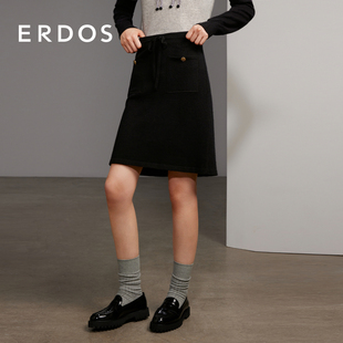 ERDOS 纯羊绒虚提半身裙女春黑色可调节抽绳针织A字短裙