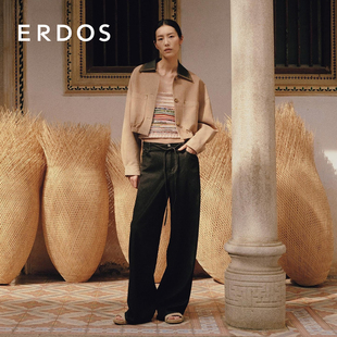 黑色松紧腰直筒牛仔裤 ERDOS 女休闲阔腿裤 刘雯同款