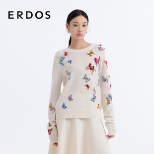 圆领刺绣宽松毛衣针织套衫 ERDOS 蝴蝶提花羊绒衫
