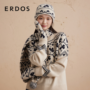 ERDOS 羊绒牦牛绒户外冷帽女冬毛线球几何图案提花针织帽