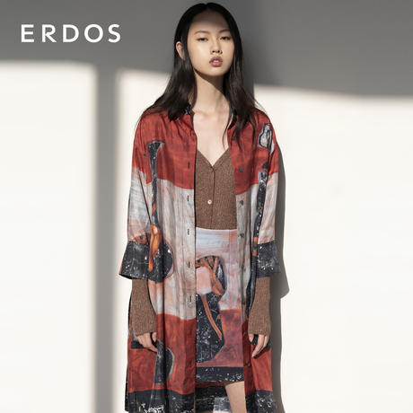 【桑蚕丝】ERDOS 复古时尚油画印花装饰衬衫式真丝连衣裙女通勤商品大图