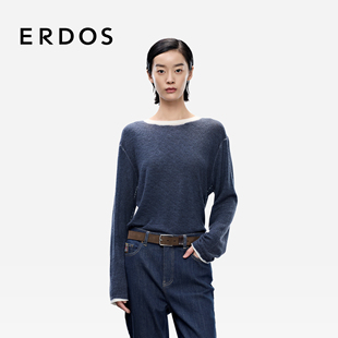精纺 25年秋冬新品 ERDOS 水溶羊绒衫 仿牛仔印花缝线针织衫 女装