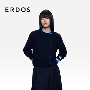 撞色纽扣装 25年秋冬新品 饰女士通勤外套 绞花圆领羊绒开衫 ERDOS