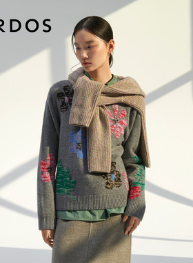 小花花纯羊绒衫 ERDOS圆领花朵提花针织衫女冬宽松厚款毛衣