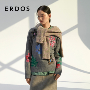 毛衣 女冬宽松厚款 小花花纯羊绒衫 ERDOS圆领花朵提花针织衫