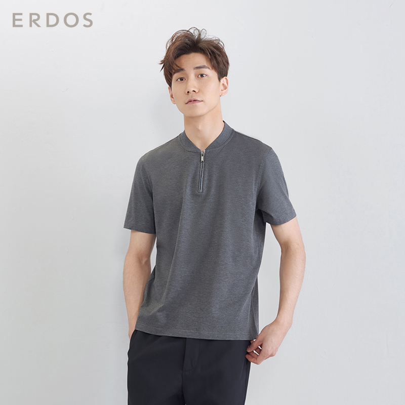 ERDOS 春夏舒适简约纯色时尚拉链立领纯棉短袖男T恤 E175H1078
