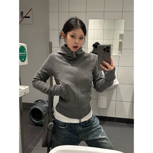 美式高街铆钉修身收腰连帽卫衣女