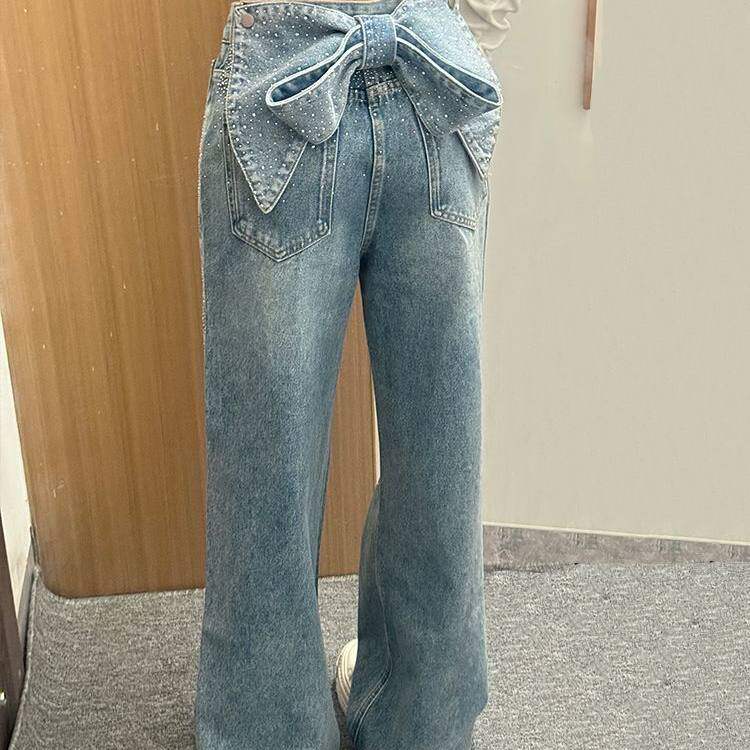 NEXT Renmei美式高街可拆卸蝴蝶结烫钻拼接牛仔裤子女春秋新款辣